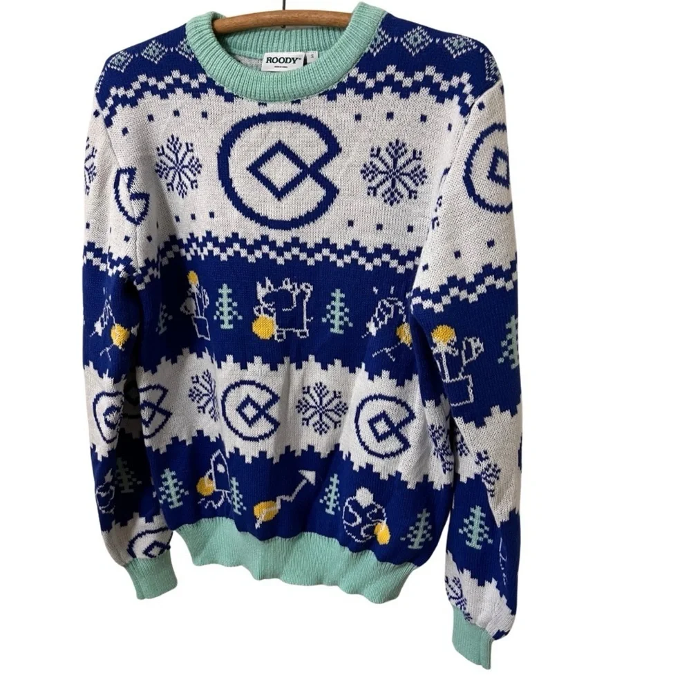 Roody Ugly Christmas Holiday Men's size Small Blue white Knit Sweater Snowflake